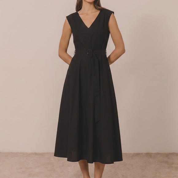 Calista Dresses & Skirts - Calista V Neck Witchy Fall Belted Small Cotton Elegant Black Sleeveless Dress